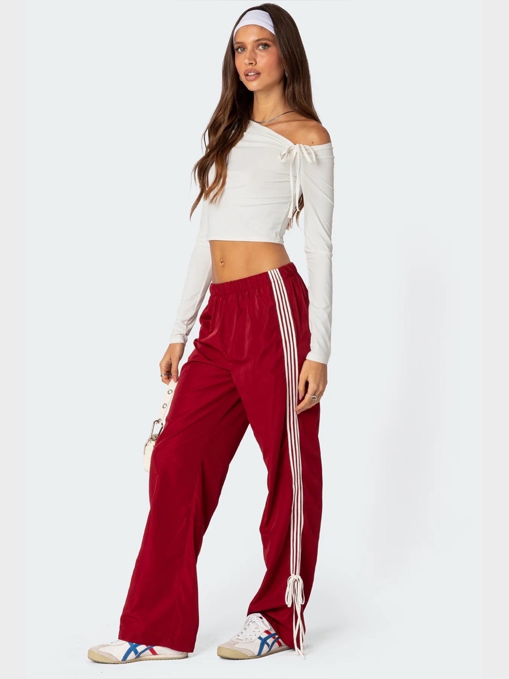 Edikted Wide Leg Track Pants in Burgundy with Side Stripes